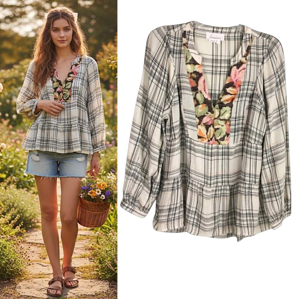 Anthropologie Tunic Top Women's Sz S  Plaid  Long Sleeve Boho Peasant Fairycore